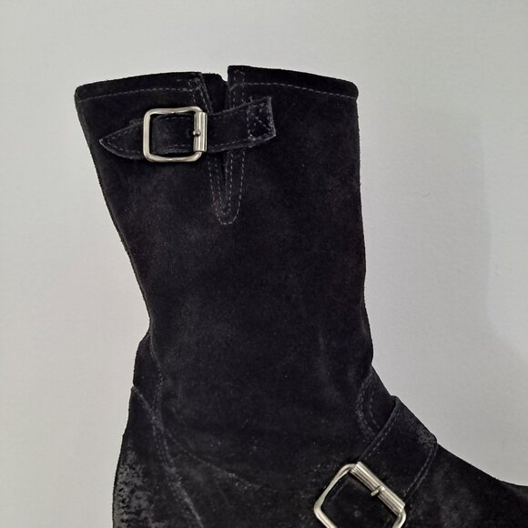 Paul Green Black Suede Distressed Moto Fall Boots Zipper Buckle - Picture 6 of 13